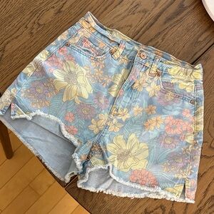 Floral Print Denim High-Waist Women's Shorts - Blue